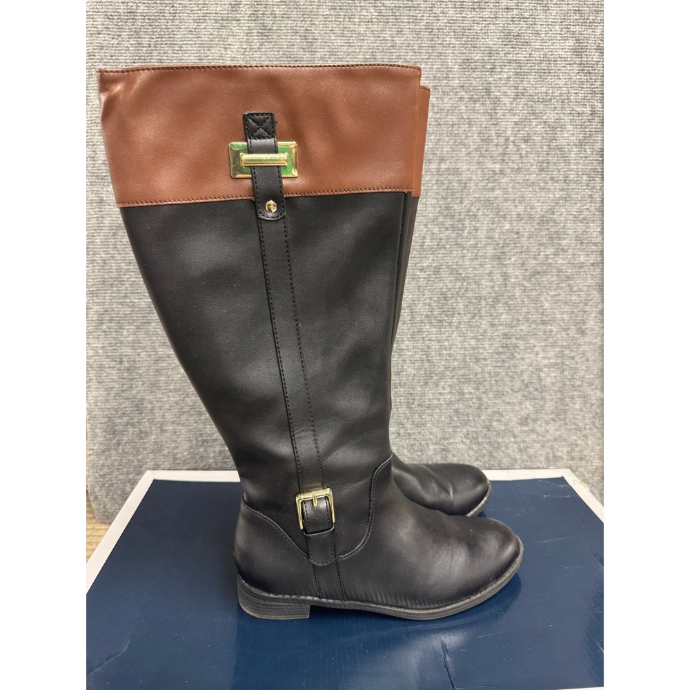 NWB Karen Scott Two Tone Black Brown Riding Boots Gold Buckle High Equestrian